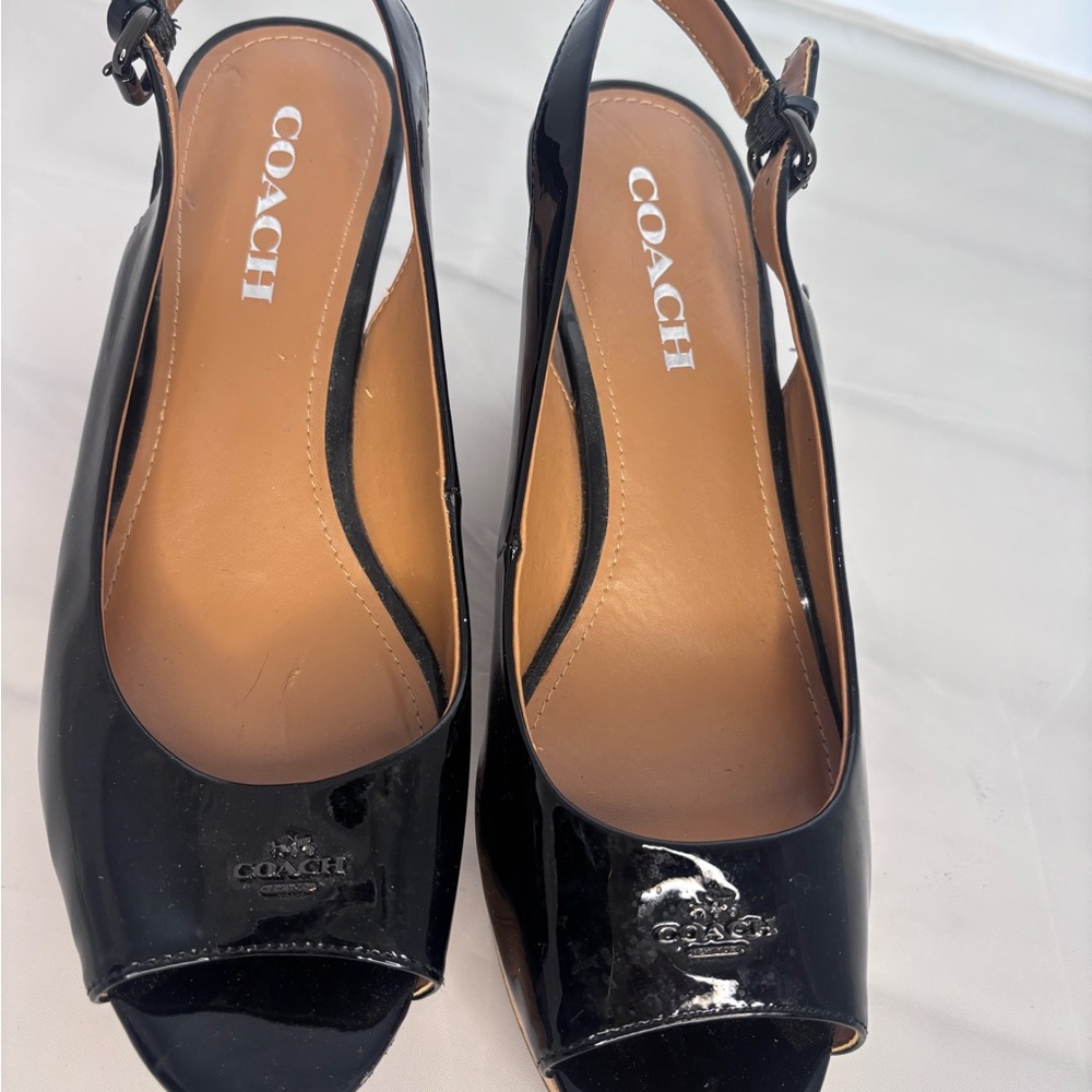 Coach Black Patent Leather Slingback Wedges size 8.5